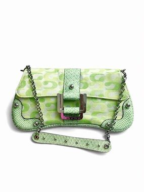 Y2K Lime Satin Monogram GUESS Baguette
